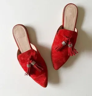 Stuart Weitzman Slidealong Tassel Pointed Toe Mule in Red Suede Women's 6 thumbnail 1
