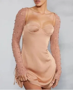 Oh Polly Beige Dress with Beaded Detail thumbnail 1