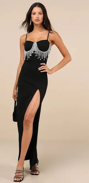 Lulus Divine Extravagance Black Rhinestone Fringe Bustier Maxi Dress Black NEW M thumbnail 1