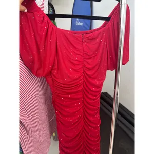 Red Glitter Ruched Mini Dress Puff Sleeve Bodycon Sparkly Cocktail Party Dress thumbnail 2