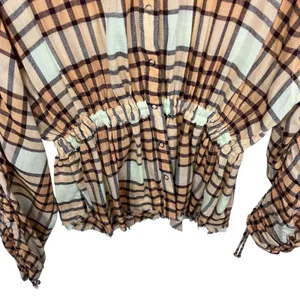 Free People‎ Peach Pacific Dawn Plaid Pull String Sleeve Snap Button Shirt M thumbnail 3