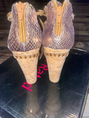 Not Rated Metallic Gold and Taupe Snake-Print Wedge Sandals thumbnail 4