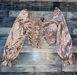 privy Ruched Rose Gold Metallic Leopard-Print Puff Sleeve Corset Crop Top thumbnail 1