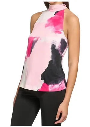 DKNY Womens Sleeveless High-Neck Top Pink & Black Abstract Print Size M thumbnail 1