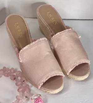 LAUREN RALPH LAUREN Wedges sz9.5 Pink Satin Fringe Espadrille Classy thumbnail 1