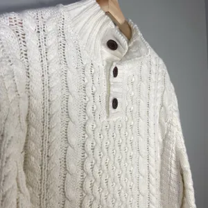 Cable-Knit Ivory‎ Mockneck Cotton Blend Fisherman Sweater Size M Neutral Minimal thumbnail 3