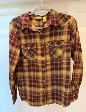 Wrangler Plaid Snap Button Western Shirt | Burgundy & Mustard | Size Small thumbnail 1