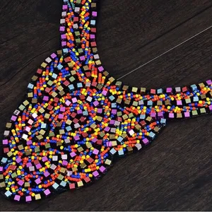 Colorful Metallic Beaded Tribal Ethnic Bib Scallop Edge Statement Necklace thumbnail 6