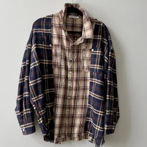 UNITED LOVERS Dove Oversized Plaid Shirt in Navy & Brown - Vintage Wash - M/L thumbnail 4