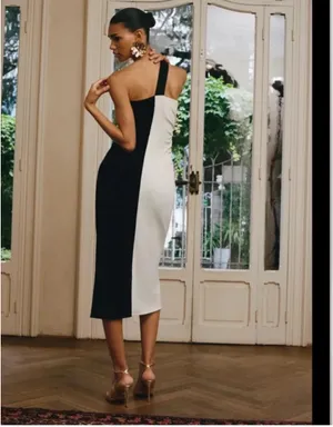Zara Black and White One-Shoulder Midi Dress with Ring Detail thumbnail 4
