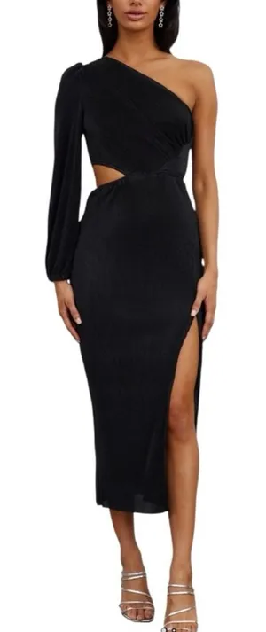 Hello Molly Black One Shoulder Cut Out Midi Dress Wedding Party Slit Bodycon thumbnail 1