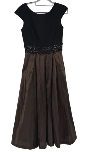 Badgley Mischka Brown Black Beaded‎ Waist Pleated Evening Gown Dress Size 4 thumbnail 1