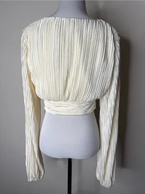 ShowPo Ivory Satin Jondra Ruched Front Long Sleeve Plisse Blouse NWT 4 thumbnail 7