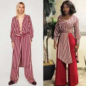 Zara Woman Burgundy Cream Striped Longline Wrap‎ Tunic Top XS thumbnail 2