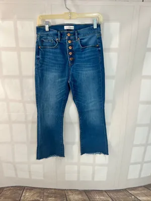 Loft Bright Mid Indigo Wash Flare High Rise Kick Crop Button Fly Jeans Size 28/6 thumbnail 3