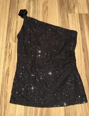 VTG Cache NEW Tags‎ Sz Small Black One Shoulder Sequin Top Chain Detail thumbnail 1