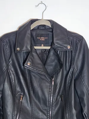 Celebrity Pink Black Faux Leather Moto Jacket Size Medium thumbnail 2