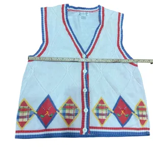 Preston & York Sport Vintage Argyle Golf Sweater Vest Cream Blue‎ Red sz L thumbnail 5