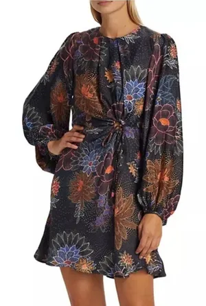 Farm Rio Sparkle Flowers Mini Dress Floral Print Circle Cut-Out Size XS thumbnail 1