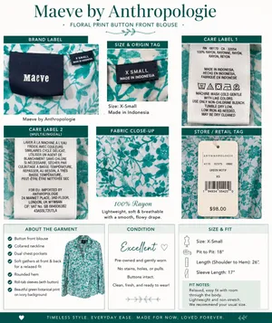 827 Maeve Anthropologie Floral Blouse Women X-Small Coastal Boho thumbnail 12