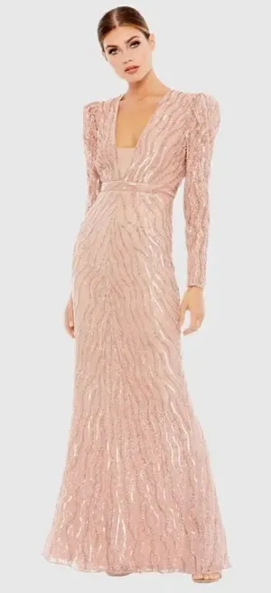 Mac Duggal Pink Size 8 Sequin Beaded Plunge Neck Long Sleeve Trumpet Gown Dress thumbnail 1