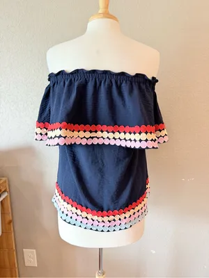 Entro Navy Off Shoulder Ruffle Top Small Colorful Embroidered Trim thumbnail 3