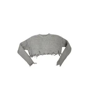Zara Foil Silver Distressed Frayed Chunky Ribbed Crop Sweater Size Small thumbnail 3