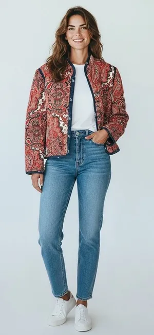 Anthropologie Quilted Paisley Jacket Red Blue Hook Eye Cropped XS Womens‎ thumbnail 1
