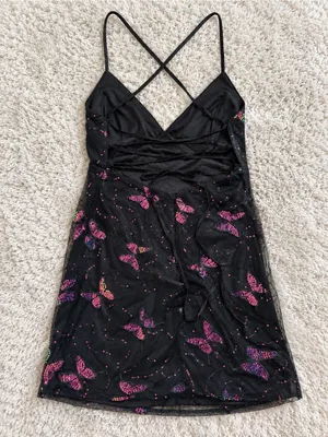 Lulus Social Sweetheart Sequin Butterfly Lace-Up Mini Dress – Black/Pink – L thumbnail 9