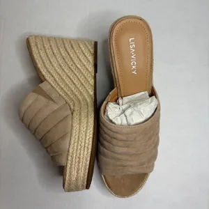 Lisa Vicky Tan‎ Camel Kid Suede Wedge Espadrille Platform Sandal Mules Size 9 thumbnail 3