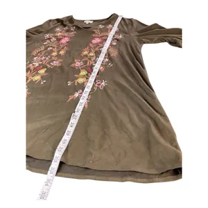 Umgee Boho Dark Green Floral Embroidered Faux Suede‎ Ruffle Sleeve Tunic Dress L thumbnail 7