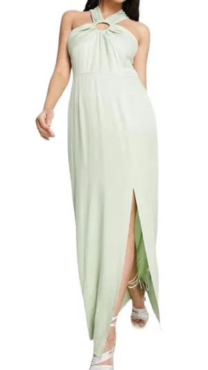 New Topshop Ring Detail Halter Neck Side Slit Maxi Dress Sage Green Size 6 thumbnail 1