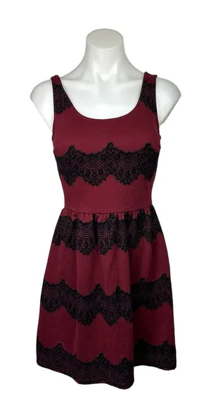 Soprano Red Maroon Black Lace Sleeveless Fit Flare Formal Cocktail Mini Dress thumbnail 1