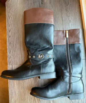 Michael Kors Boots Black Brown Knee High Riding Boots MK Logo Detail‎ Size 5 thumbnail 1