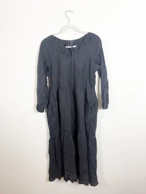 J. Crew Long-Sleeve Tiered Midi Dress 100% Linen Black Small/Medium thumbnail 2