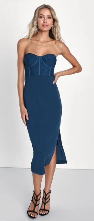 Lulus Passionate Aura Teal Blue Textured Strapless Bustier Midi Dress thumbnail 1