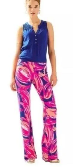 Lilly Pulitzer Georgia May Palazzo Pants Bomber Blue Plume Bloom thumbnail 1