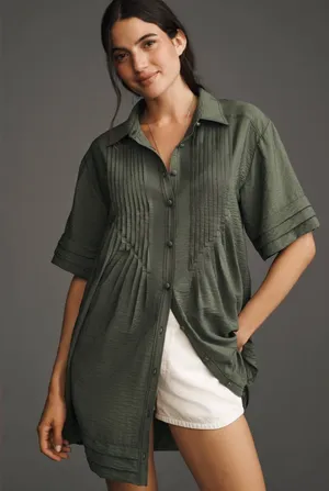 Pilcro Anthropologie Pintuck Tunic Shirt Dress Olive Green Medium thumbnail 1