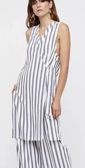 Free People Blue White Striped Sleeveless Tunic Top Boho Longline Large Vest thumbnail 1