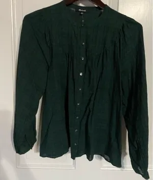 Madewell Green Plaid Print Balloon Sleeve Button Front Peasant Top Size S‎ NWT thumbnail 1