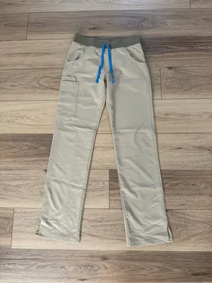 Figs Men's Light Beige Jogger Pants with Olive Waistband and Blue Drawstring thumbnail 2