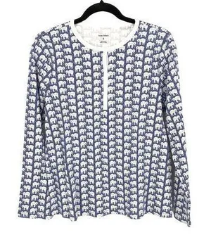 Roller Rabbit Women's Small Pajama Henley Top Blue White Elephant Print thumbnail 1