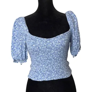 Abercrombie‎ & Fitch Blue Ditsy Floral Print Smocked Puff Sleeve Crop Top XS thumbnail 1