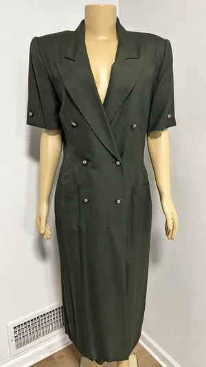 Kasper for ASL Vintage Olive Green Houndstooth Double Breasted Coat Dress 12 thumbnail 1
