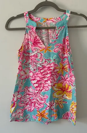 Lilly Pulitzer Arya Pink Blue Tank Lolita Print Sleeveless Cotton Tank Top XS thumbnail 1