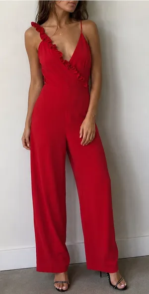 Keepsake The Label Cherry Red Forget You Ruffle Wide Leg Jumpsuit XS Party thumbnail 1