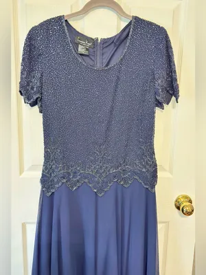 Laurence Kazar Navy Beaded Evening Dress Maxi Gown Sheer Overlay Formal M thumbnail 4