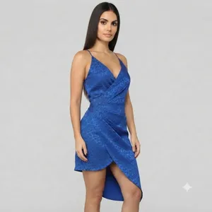 Asymmetric Royal Blue Flirty High/Low Lined Rouched Satin Animal Print Dress - NEW w/Tags thumbnail 4