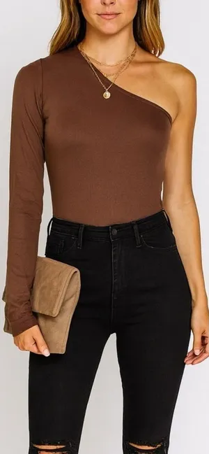 229 Forever 21 | EUC Chocolate Brown One-Shoulder Bodysuit (Size S/M) thumbnail 1