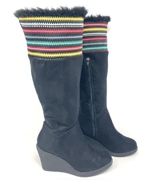 Canyon River Blues Harper Black Rainbow Knit Faux Fur Trim Tall Wedge Boots 8 thumbnail 1